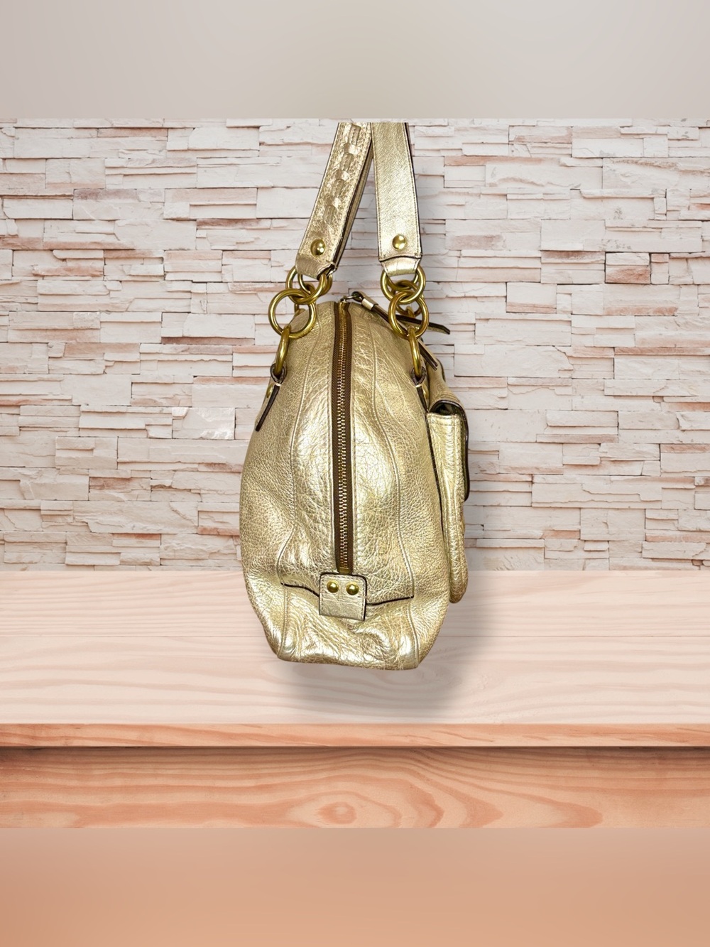 Coach Courtney Dome Metallic Gold Leather Shoulder Bag Whipstitch Buckle Pocket - Picture 6 of 8